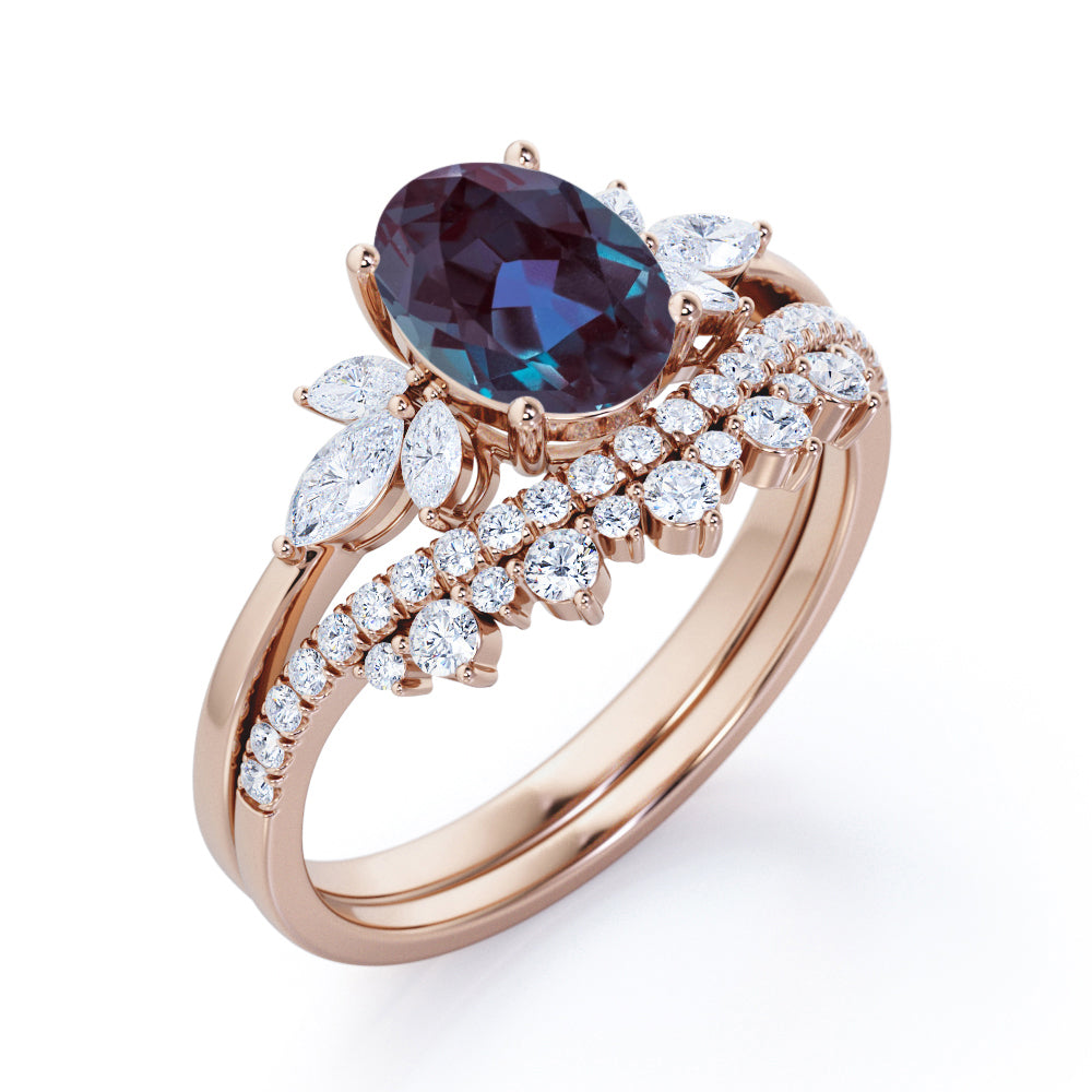 Exquisite Vintage inspired 1.5 carat Oval shaped Lab created Alexandrite and diamond chevron wedding ring set in Rose gold