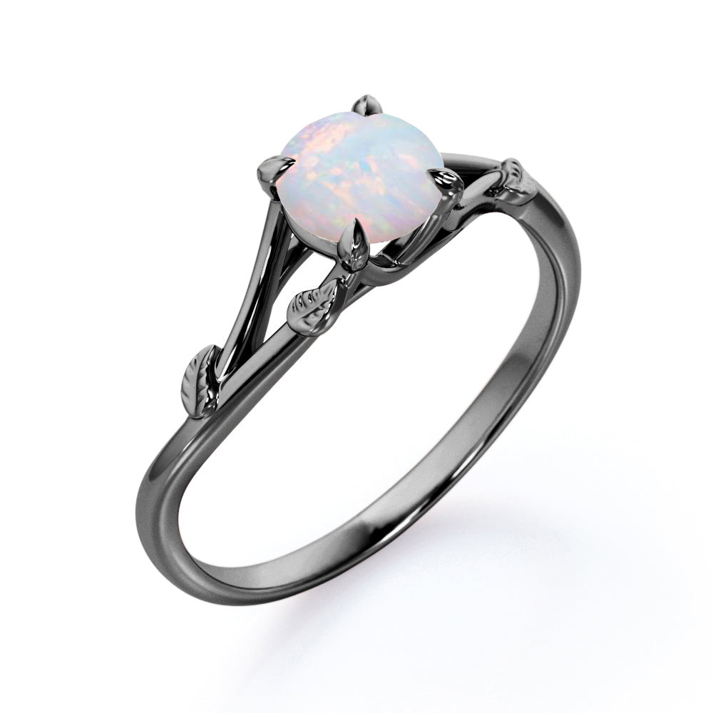 Nature inspired 1 carat Round cut Australian Opal dainty twig and vine engagement ring in White gold