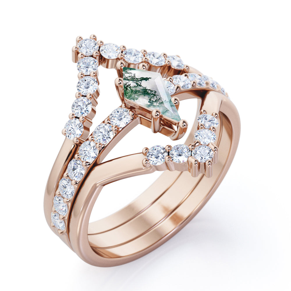 Artistic Chevron 1.45 carat Kite shaped Moss Green Agate and diamond trio wedding ring set in Yellow gold