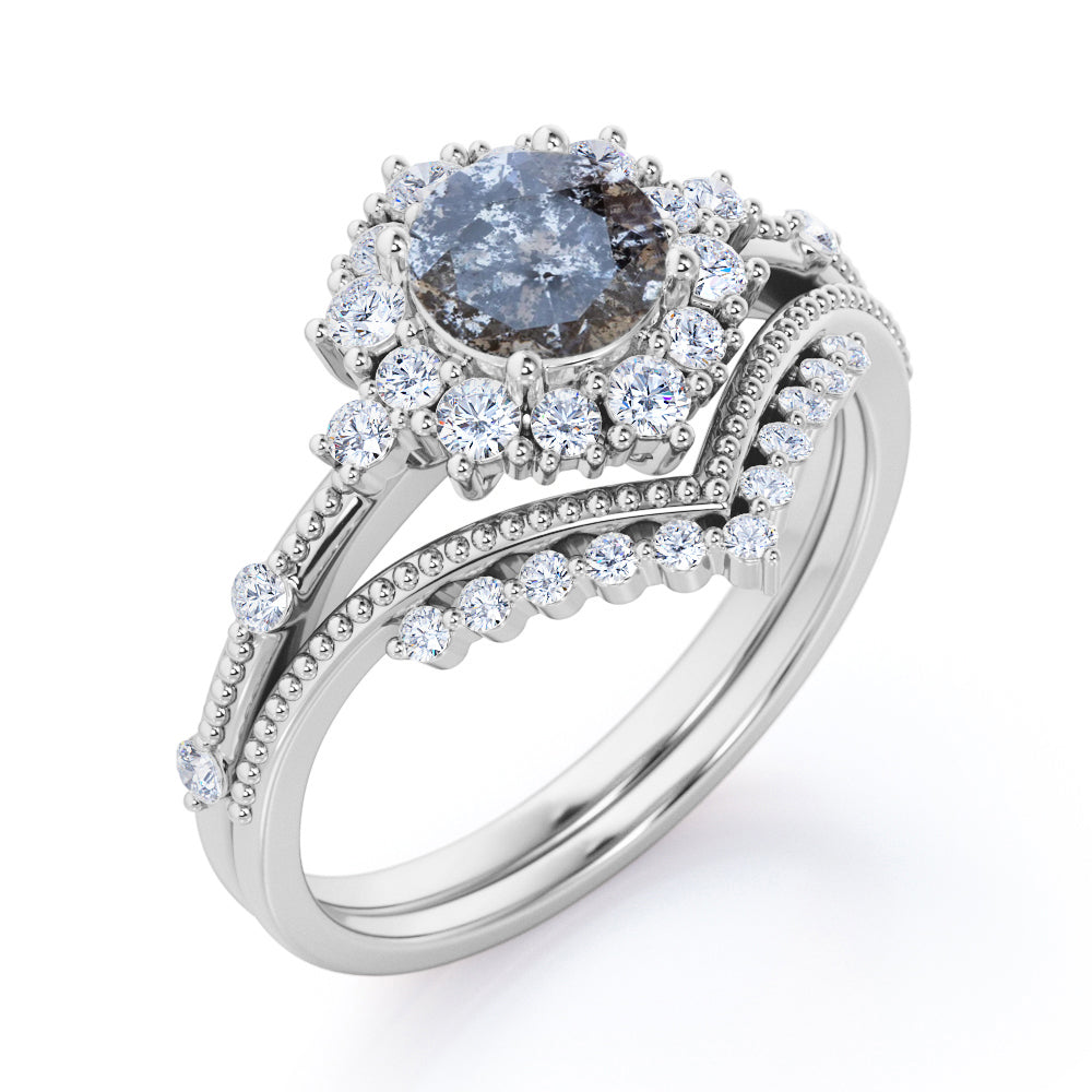 Beaded chevron 1 carat Round cut Salt and pepper diamond and White diamond clustered halo wedding ring set in Black gold