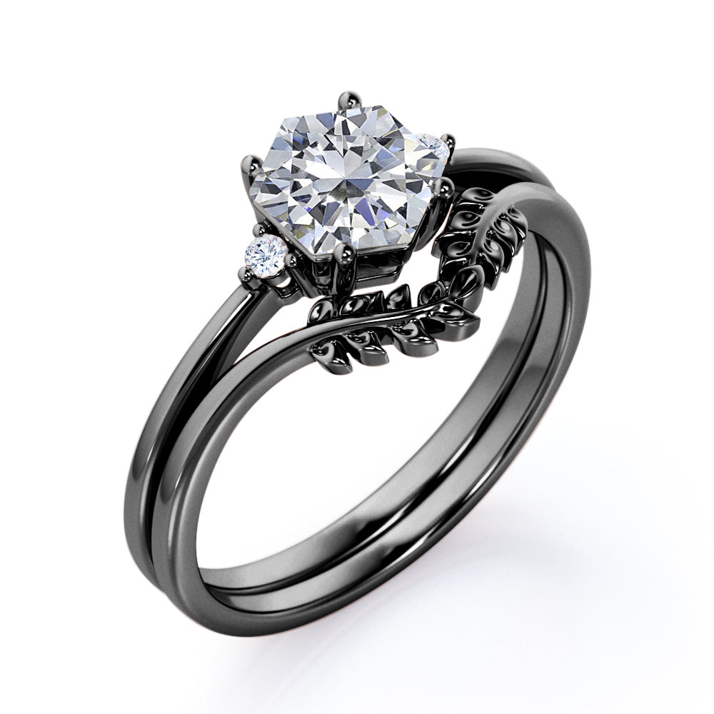 0.55 carat Vine leaf Hexagon Moissanite and diamond wedding ring set in rose gold