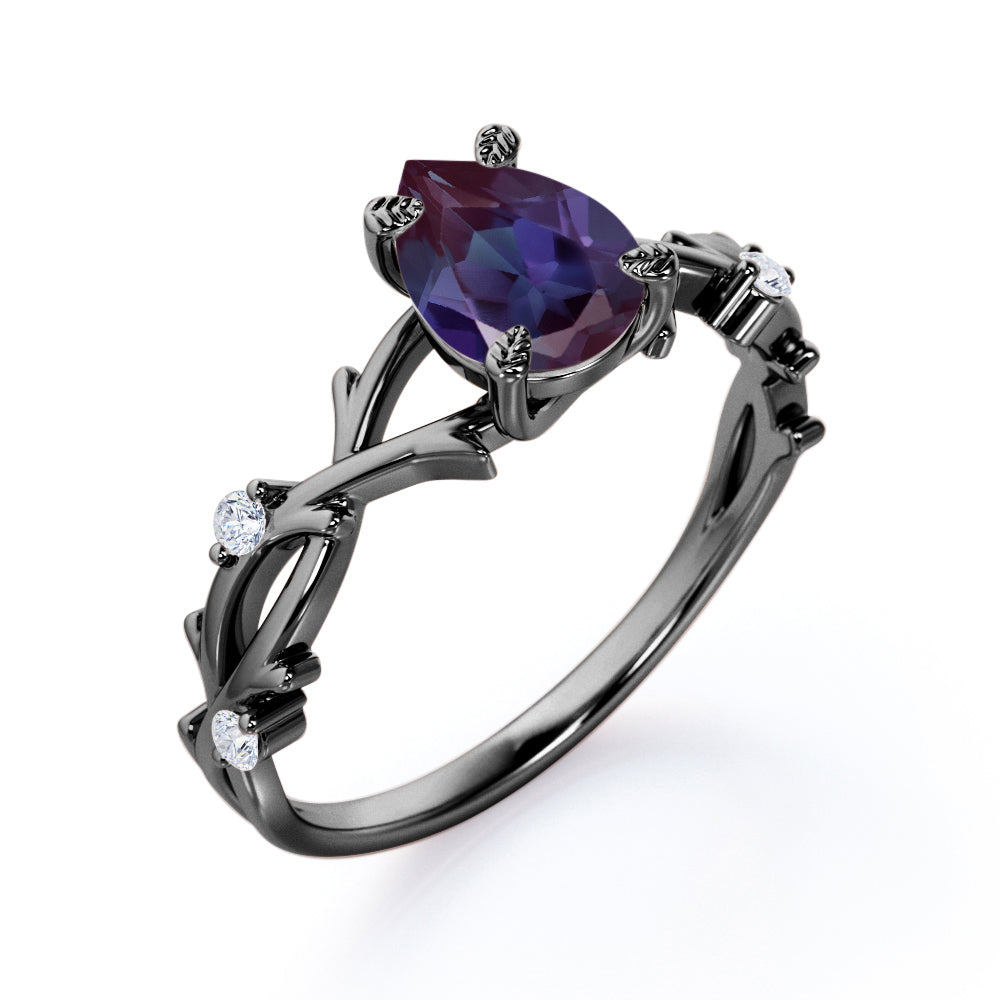 Modern Floral Branches 1 carat Pear shaped Alexandrite and diamond engagement ring for women in Black gold