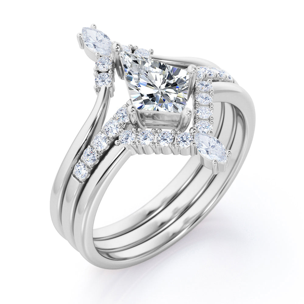 Royal Chevron 1.3 carat Kite shaped Moissanite and diamond trio wedding ring set for women in Black gold