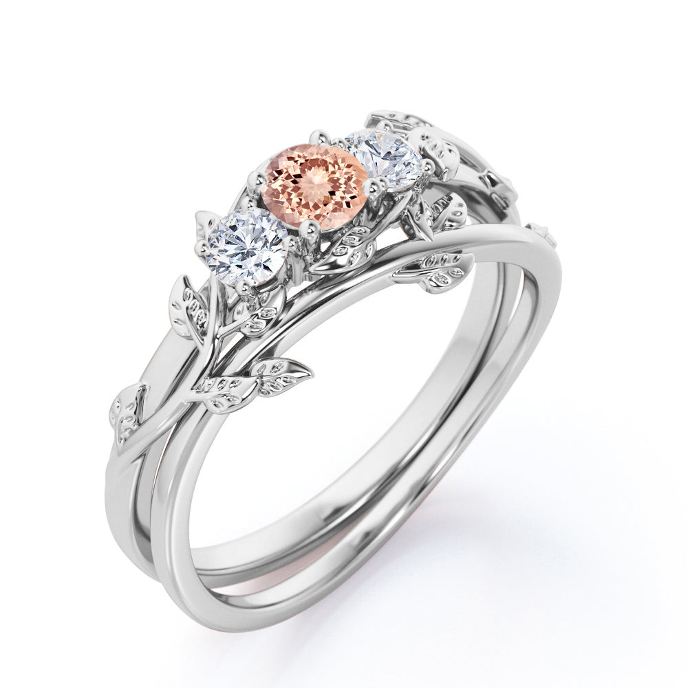 Antique Nature inspired 1.1 carat Round cut Pink Morganite and 2 stone diamond vine wedding ring set in White gold