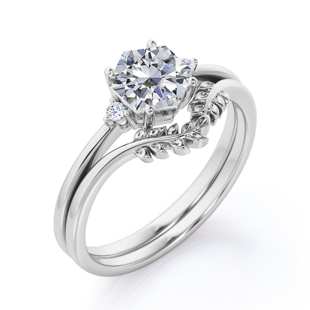 0.55 carat Vine leaf Hexagon Moissanite and diamond wedding ring set in rose gold