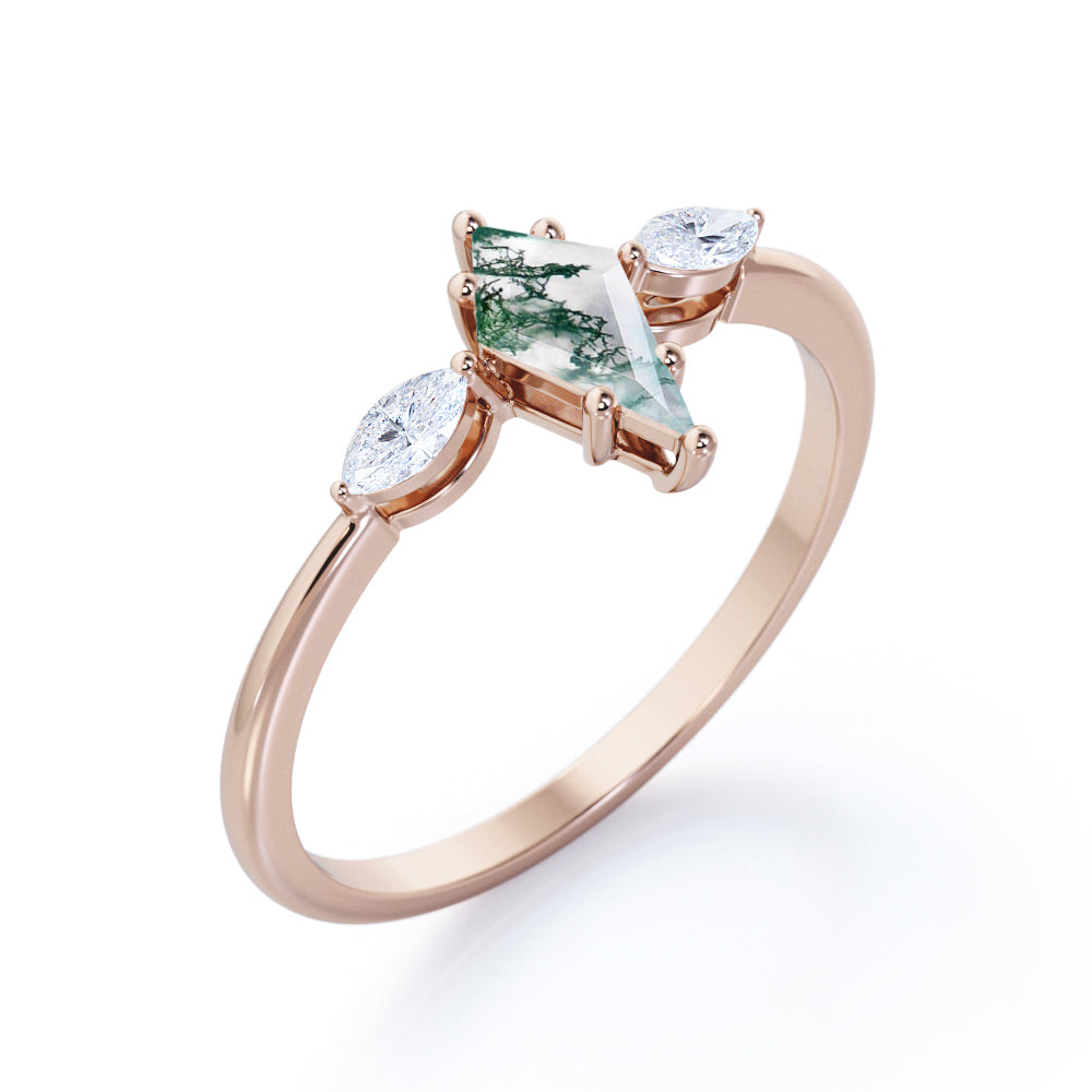 Modern Trinity 1.15 carat Kite shaped Moss Green Agate and marquise diamond tapered shank engagement ring in Black gold