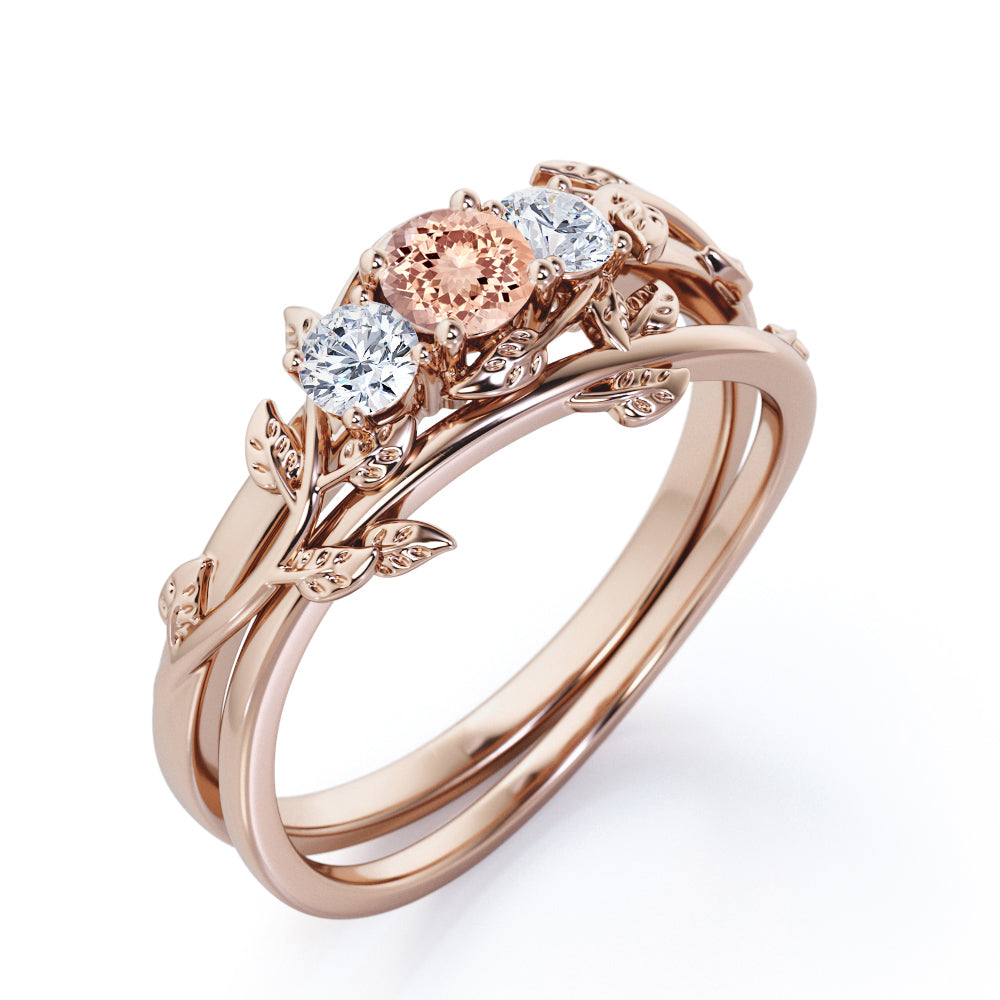 Antique Nature inspired 1.1 carat Round cut Pink Morganite and 2 stone diamond vine wedding ring set in White gold