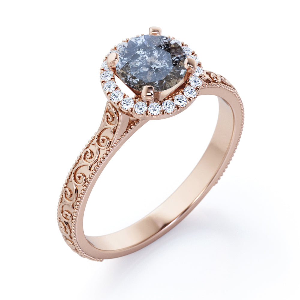 Floral filigree 0.65 carat Round cut Salt and pepper diamond and White diamond unique halo engagement ring in white gold