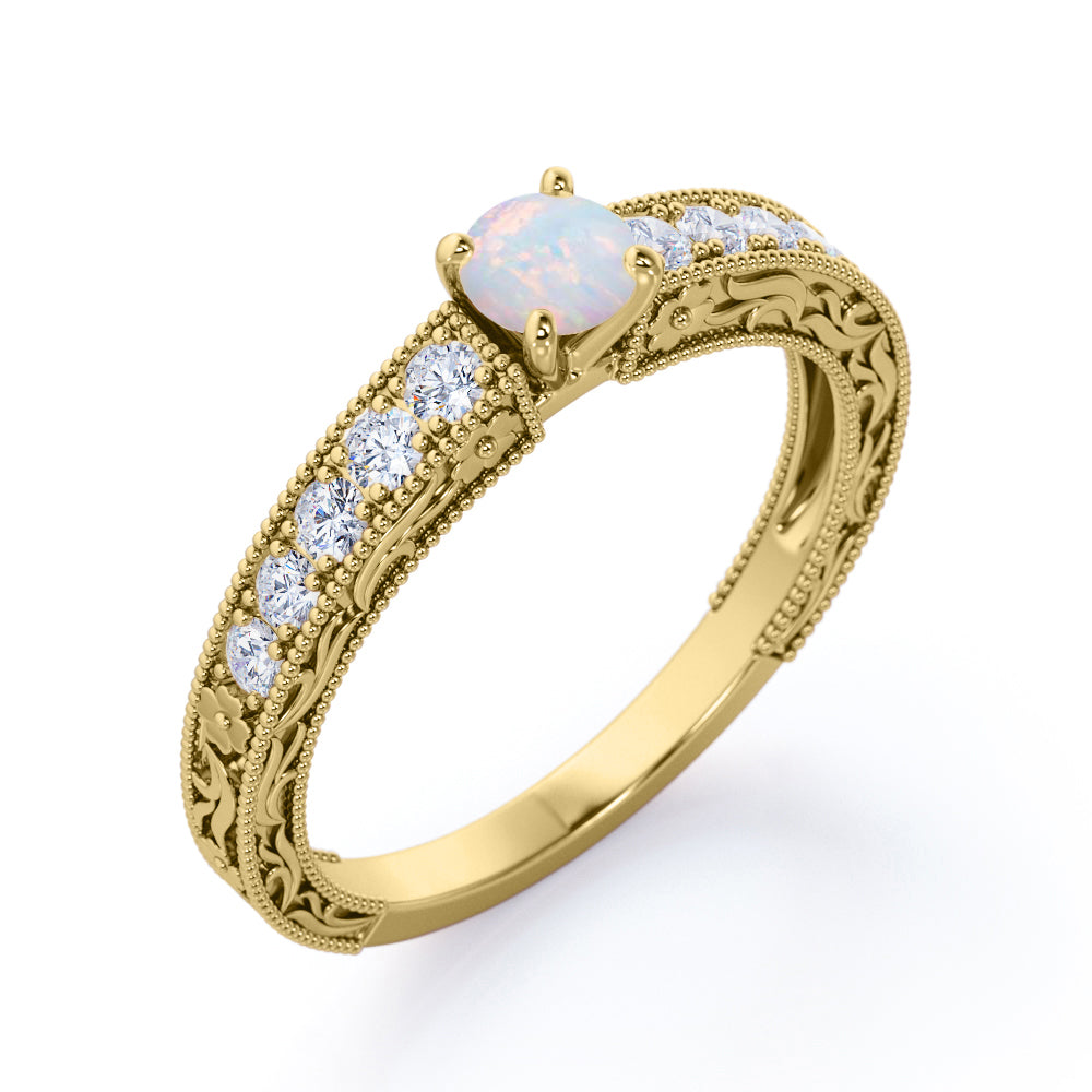 Bead Décor 0.6 carat Round cut Austrlian Opal and diamond channel set engagement ring for her in Rose gold
