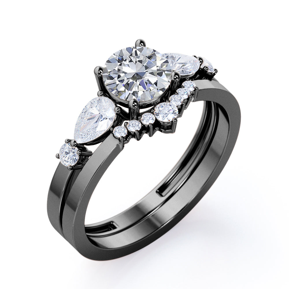 Vintage Tiara inspired 1.2 carat Round cut Moissanite and diamond wedding ring set in white gold