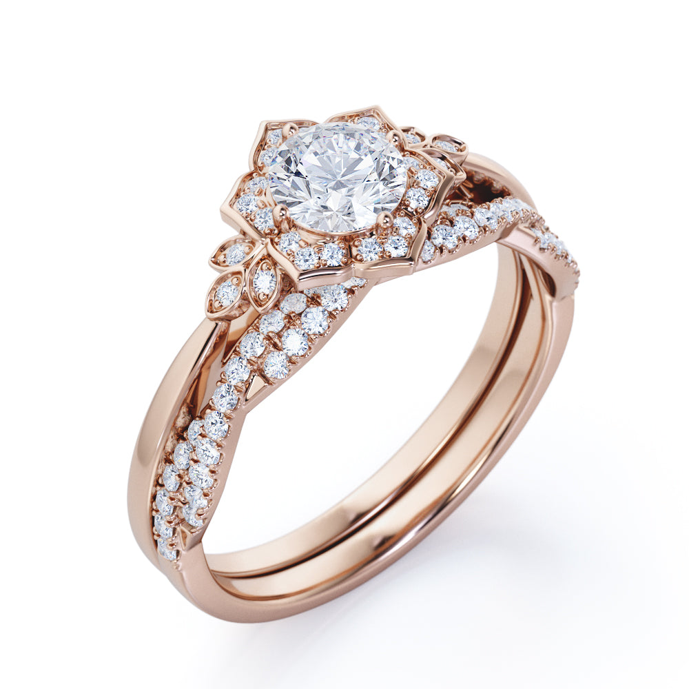 Half-infinity 1.5 carat round cut Moissanite and diamond floral inspired engagement rings and wedding band in gold-Bridal set