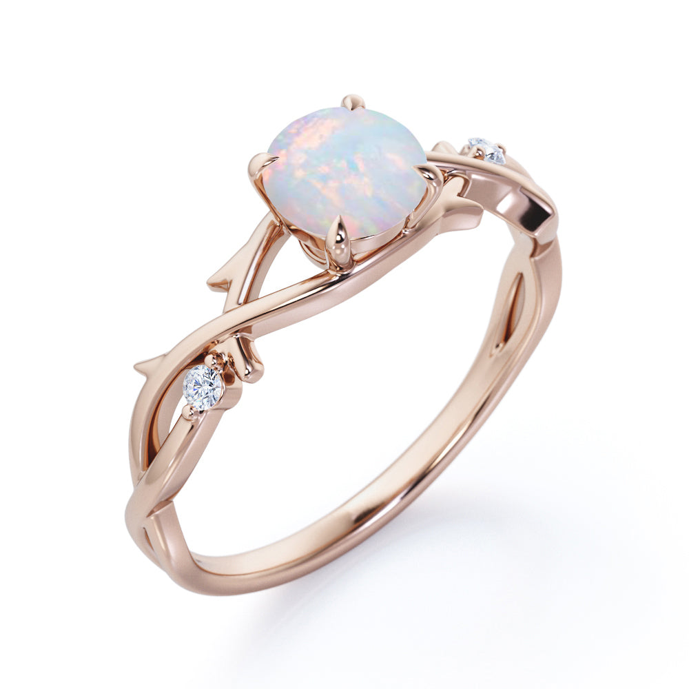 Dainty twig 1 carat Round cut Ethiopian Opal and diamond vintage infinity engagement ring in Black gold