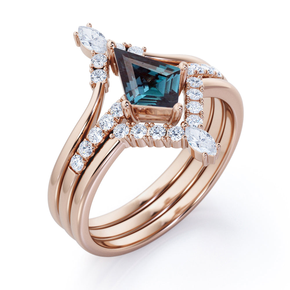Tiara Chevron 1.35 carat Kite shaped Lab created Alexandrite and diamond trio wedding ring set in White gold