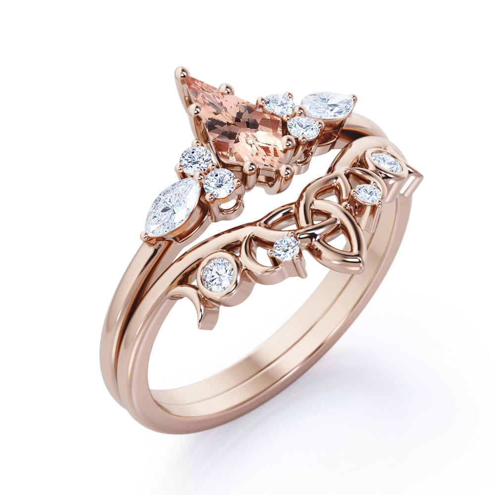 Triad Crown style 1.25 carat Kite shaped Morganite and diamond 6 prong setting wedding ring set in White gold