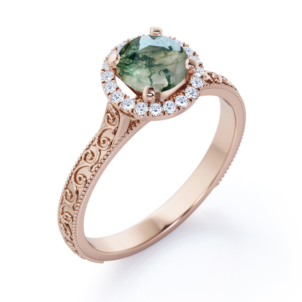 1.25 carat Round cut Moss Agate and diamond Edwardian filigree and halo engagement ring in Black gold