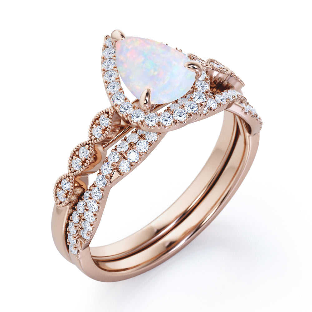 Halo-Infinity Pear cut 1.65 carat Ethiopian Opal and diamond Art deco inspired Wedding Bridal ring set