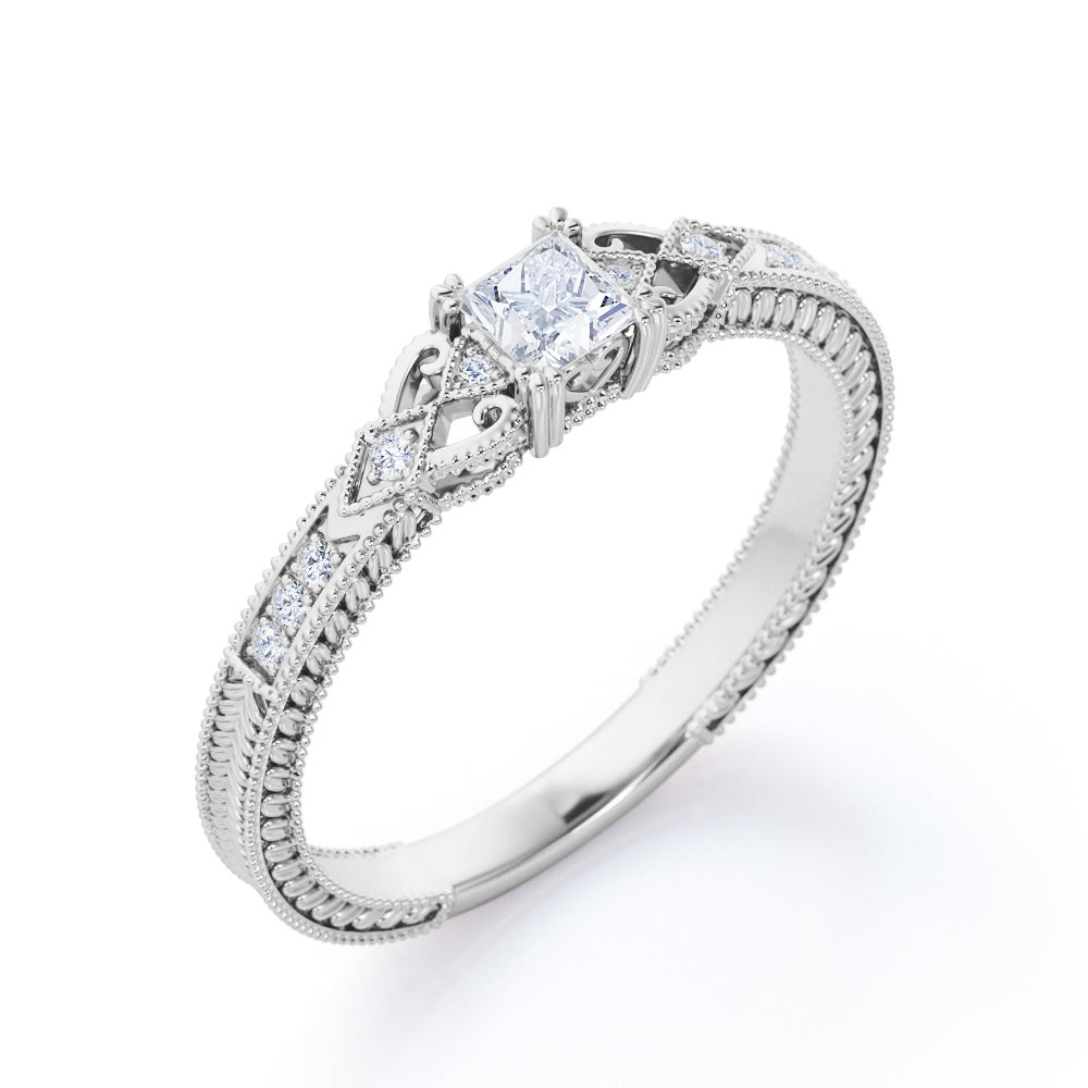 Intricate 1.1 carat Princess cut Moissanite and diamond Edwardian art deco engagement ring in Rose gold