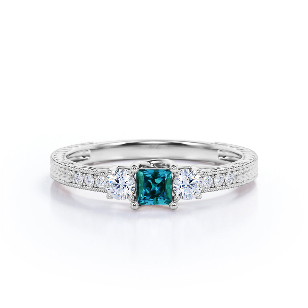 Filigree leaf Princess cut 1.1 carat synthetic Alexandrite and diamond U prong engagement ring for women in White gold- Anniversary ring
