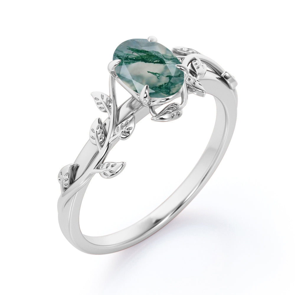 Stylish 1 carat Oval cut Moss Green Agate tree Branch Engagement ring for women in White gold - Promise ring