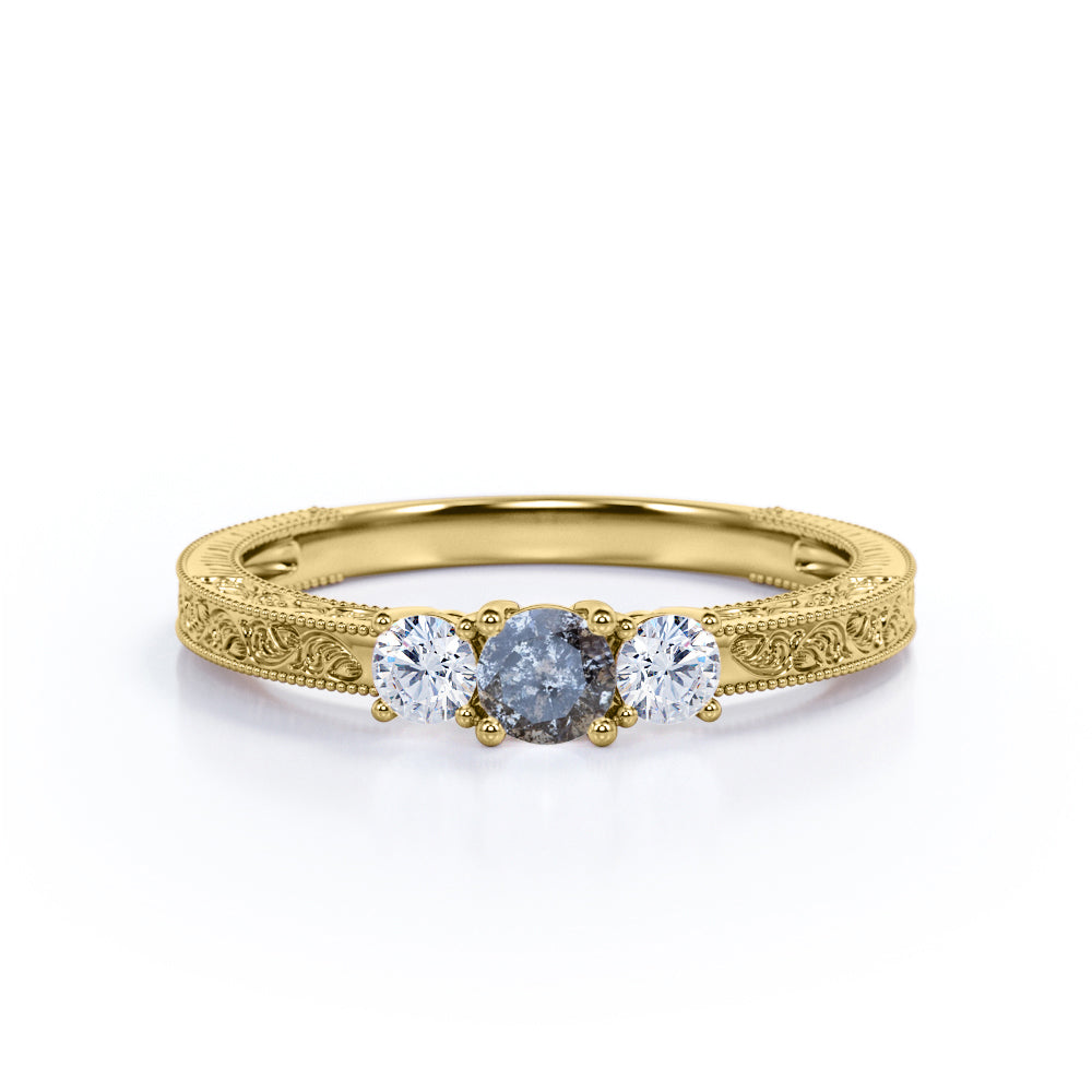 Three stone 0.5 carat Round cut Salt and pepper diamond and White diamond Filigree Milgrain Engagement ring in White gold