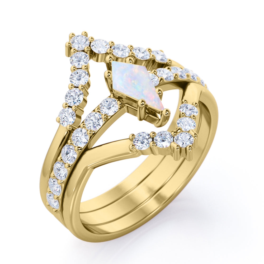 Double Chevron 1.25 carat Kite shaped Opal and diamonds art deco style trio wedding ring set for women in White gold