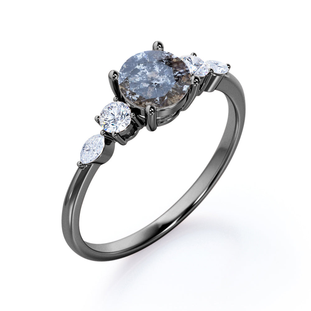 Minimalist 0.65 carat Round cut Salt and pepper diamond and white diamond classic engagement ring in Rose gold