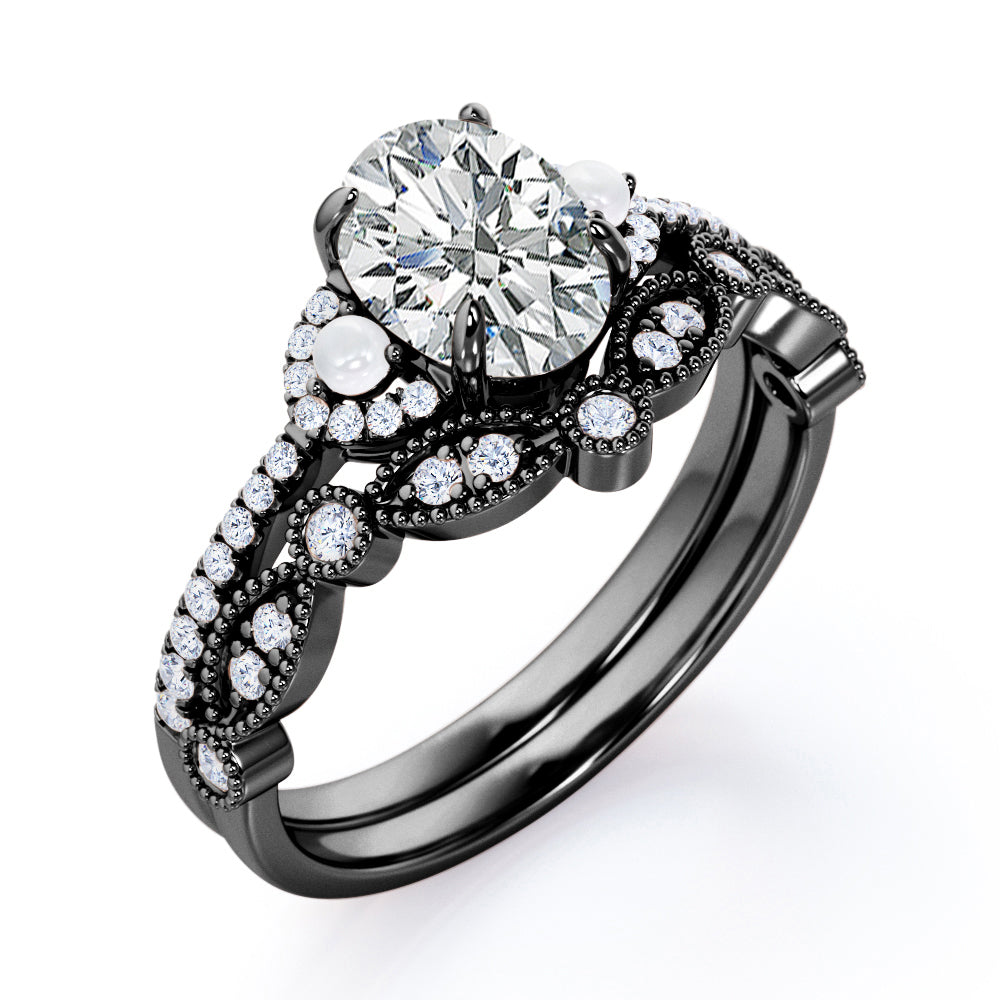 Artistic art deco inspired 1.5 carat Oval shaped Moissanite, diamonds and pearls milgrain wedding ring set for women in Black gold