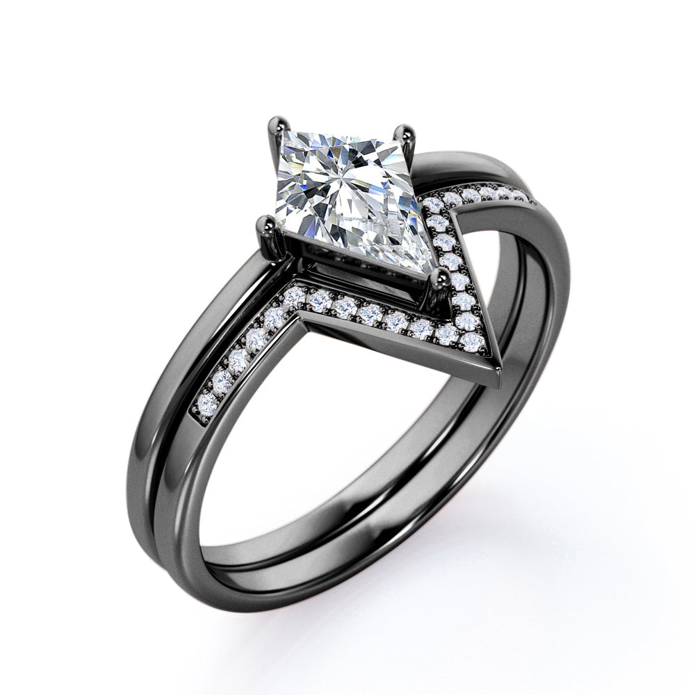 Pointed Crown 1.25 carat Kite shaped Moissanite and diamond Bridal set for women in Black gold