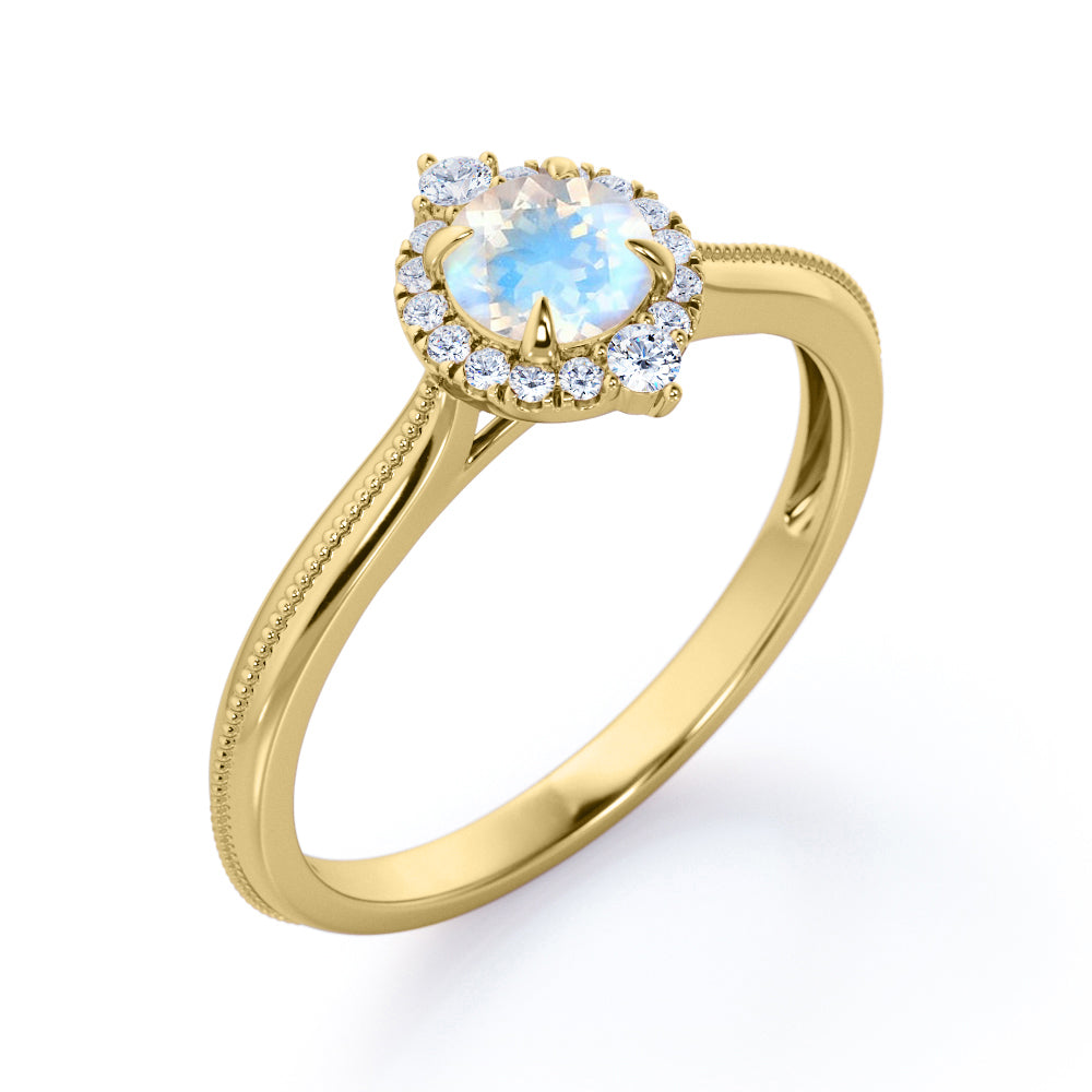 Authentic Milgrain Round cut 1.15 carat Moonstone and Diamond Halo Bridal set in White gold
