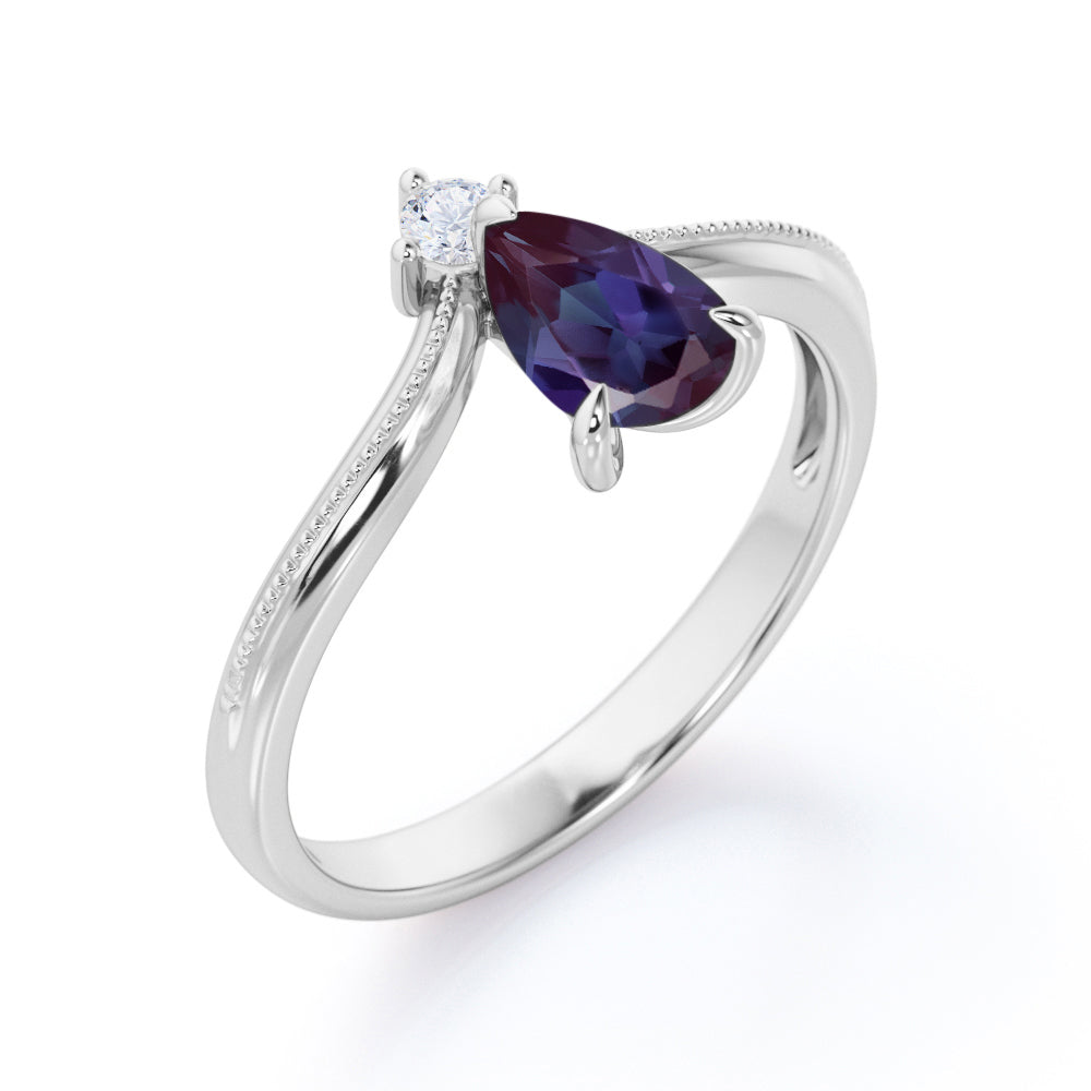 2 stone 1 carat teardrop Synthetic Alexandrite and diamond Milgrain border Wedding ring set for her