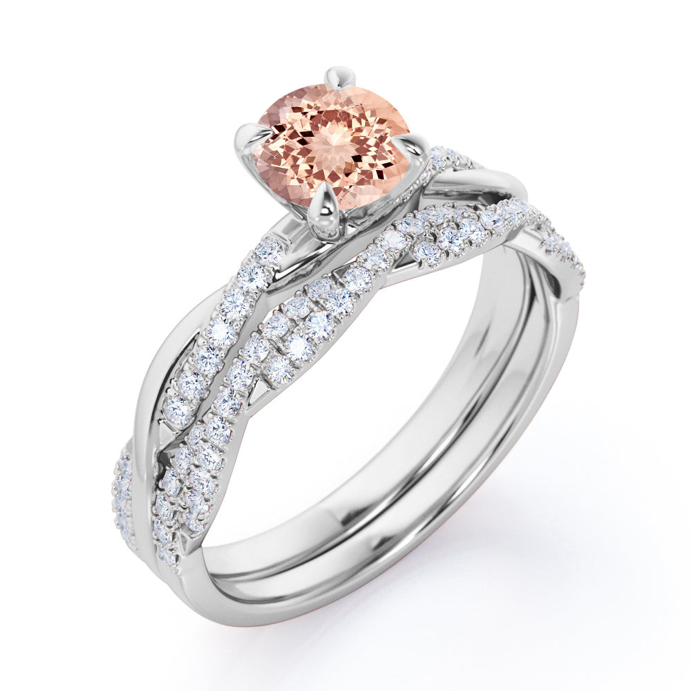 Classic claw prong 1.5 carat Round cut Peach Morganite and diamond Infinity wedding ring set in White gold.