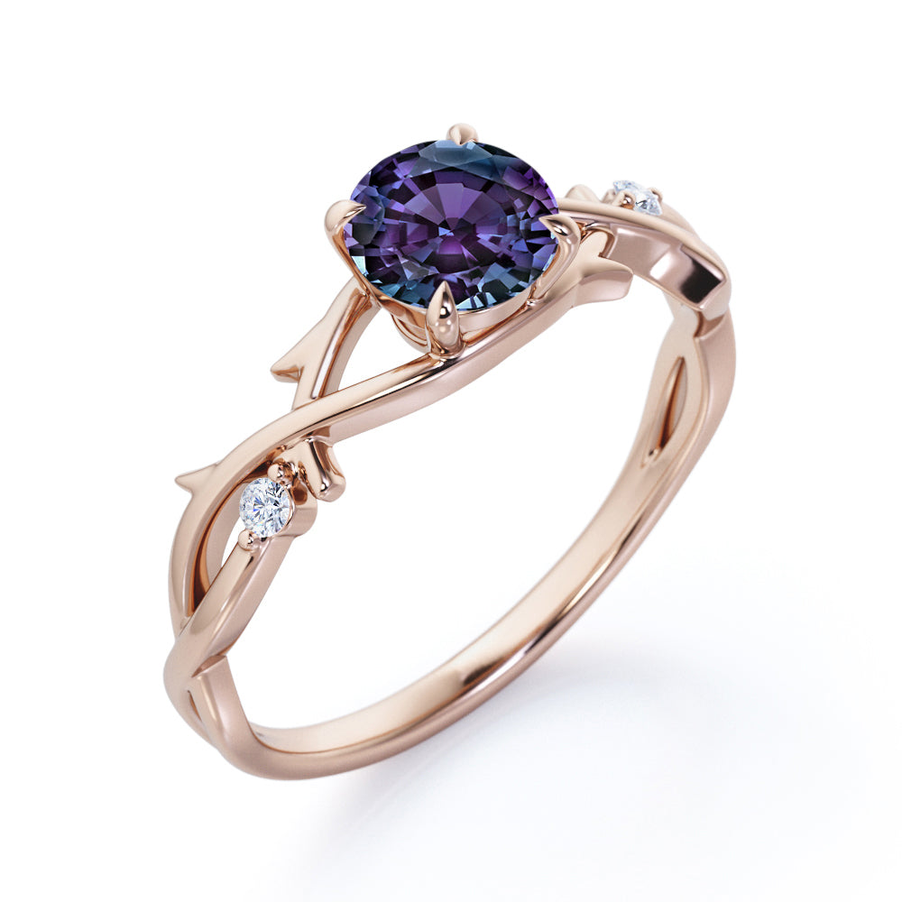 Four Claw Prong 1 carat Round cut Alexandrite and diamond earthy engagement ring in White gold