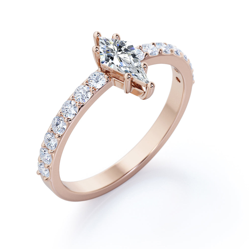 Minimalist 0.7 carat Kite shaped Moissanite and diamond 6 prong engagement ring in White gold