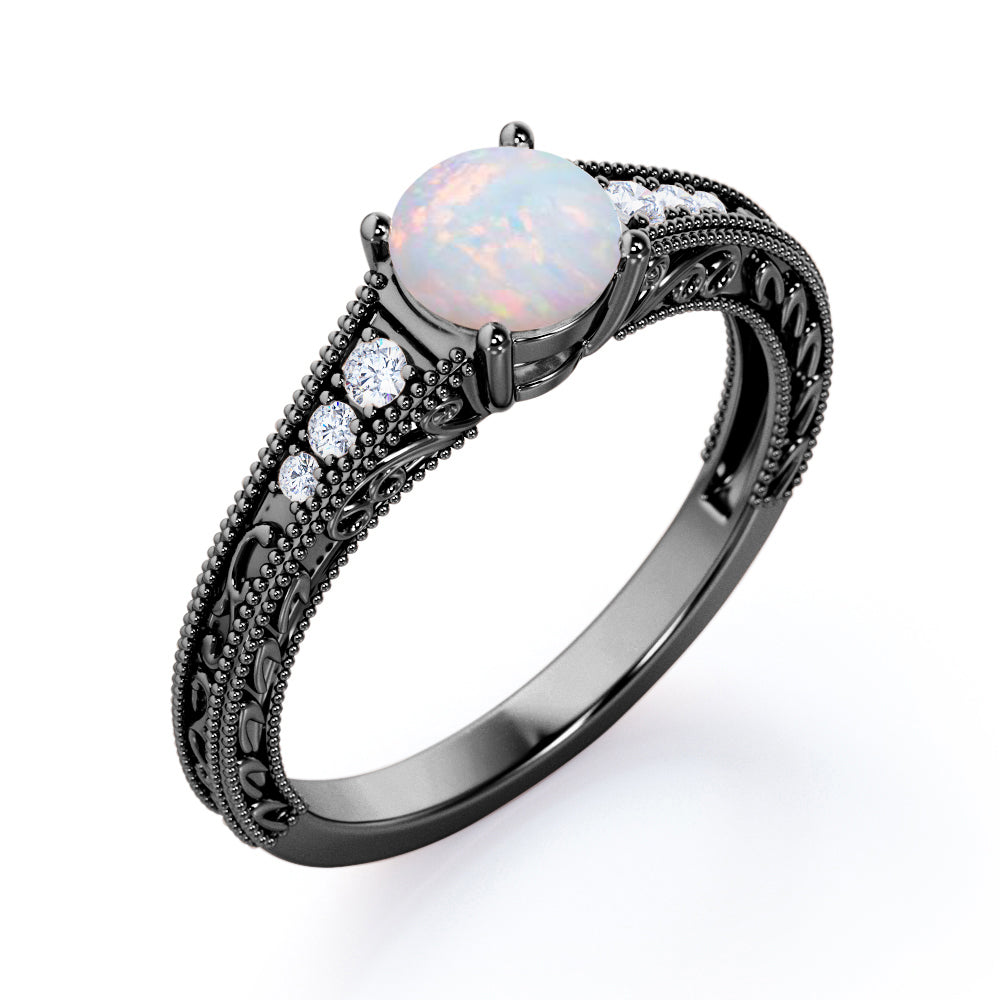 Victorian style inspired 1 carat Round cut Opal and diamond-filigree and milgrain-art deco engagement ring in White gold