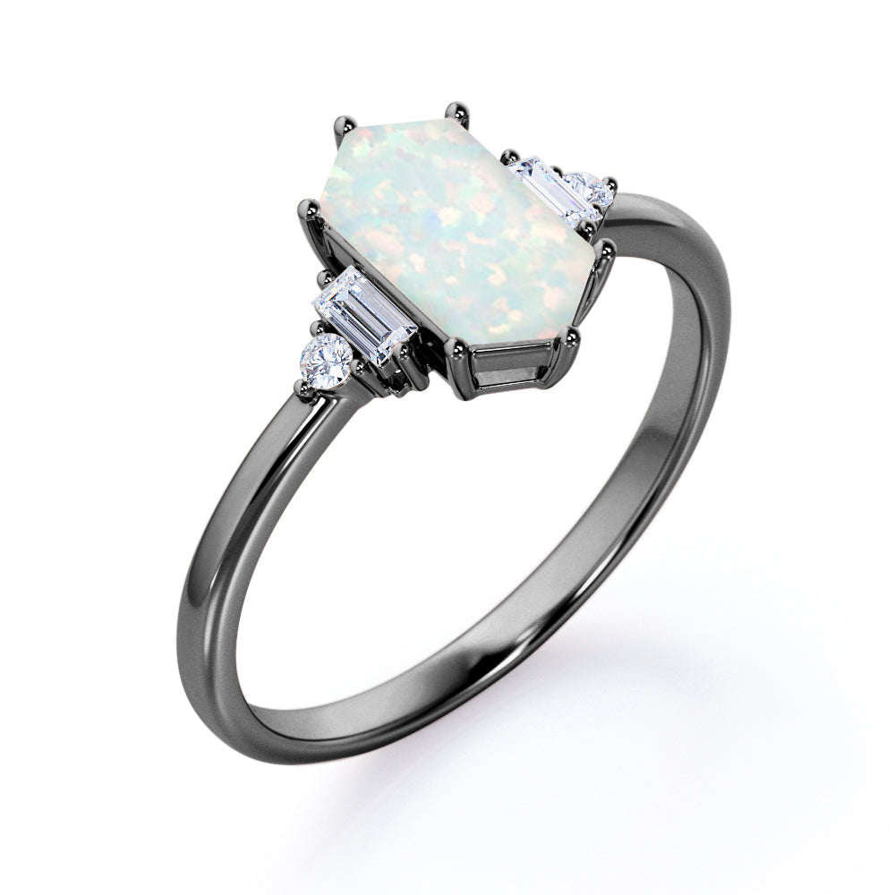 Tapered shank style 1.15 carat Hexagon cut Opal and diamond geometric vintage engagement ring in White gold