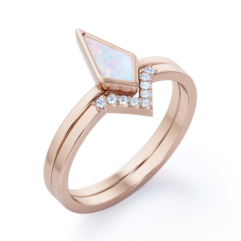 Bezel Crown 1.10 carat Kite Cut Opal and pave diamonds vintage tapered shank engagement ring in Rose gold