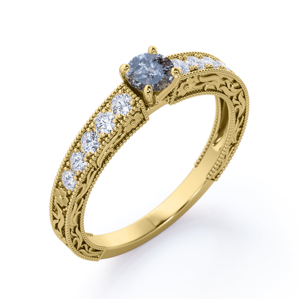 Antique Cathedral 0.7 carat Round cut Salt and pepper diamond scrollwork filigree engagement ring in White gold