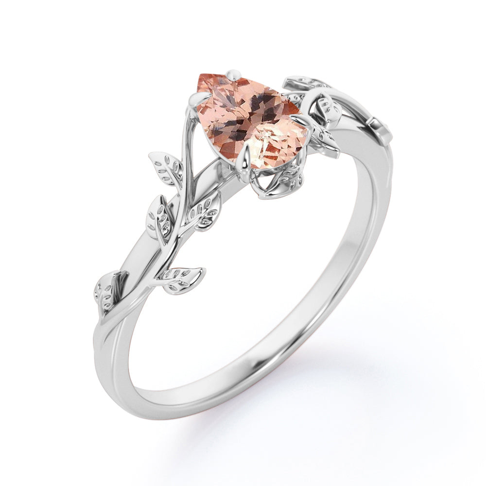 Antique Solitaire 1 carat Pear cut Morganite 4 prong setting Engagement ring for women-Promise ring