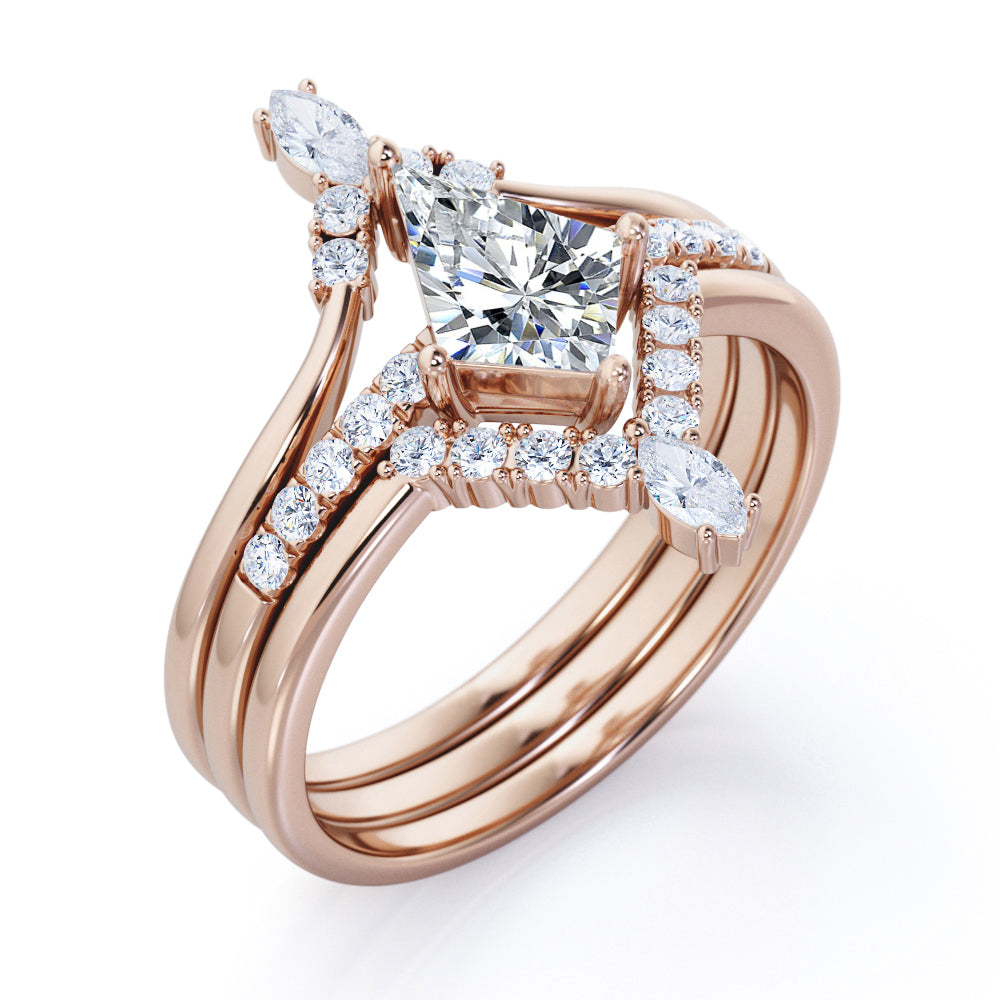 Royal Chevron 1.3 carat Kite shaped Moissanite and diamond trio wedding ring set for women in Black gold