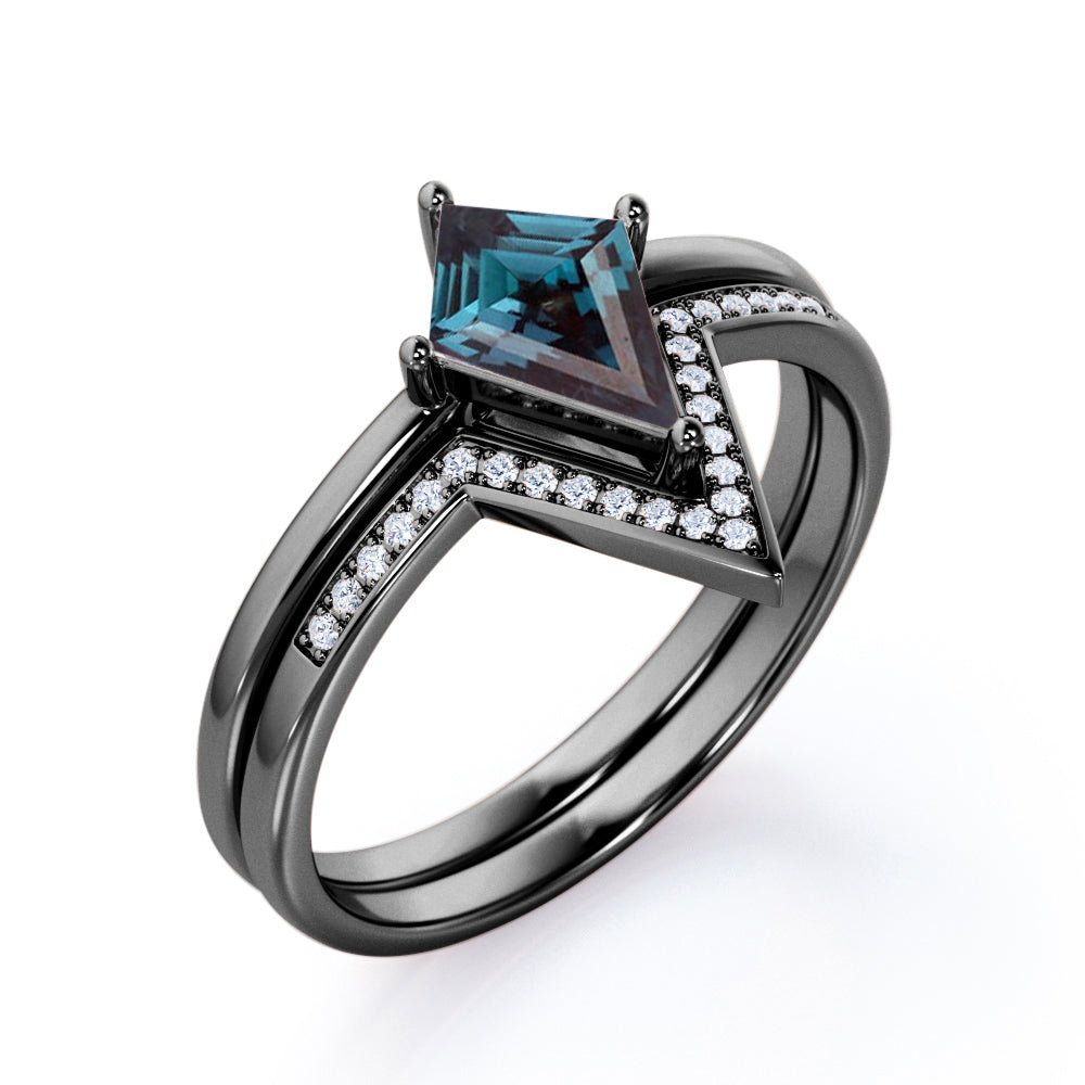 Solitaire Prong 1.25 carat Kite shaped Lab created Alexandrite and diamond contoured wedding ring set in White gold