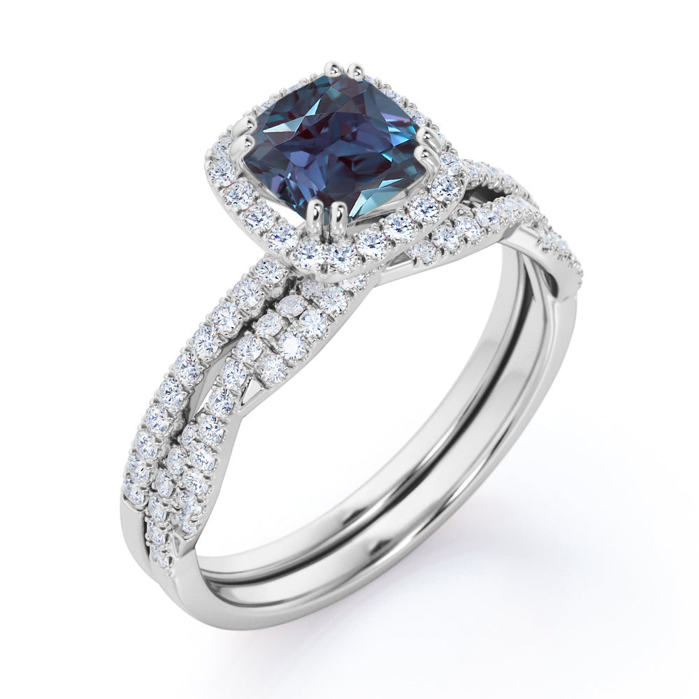 Cushion Halo 1.7 carat cushion cut Lab made Alexandrite and diamond half-infinity Bridal set for her