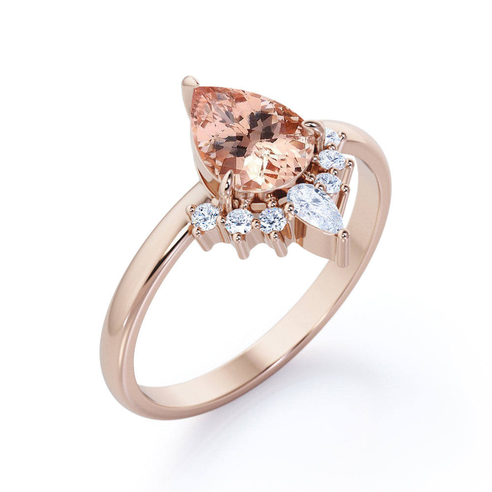 Lovely Tiara 1.15 carat Pear Shaped Peach Pink Morganite and diamond vintage engagement ring in White gold