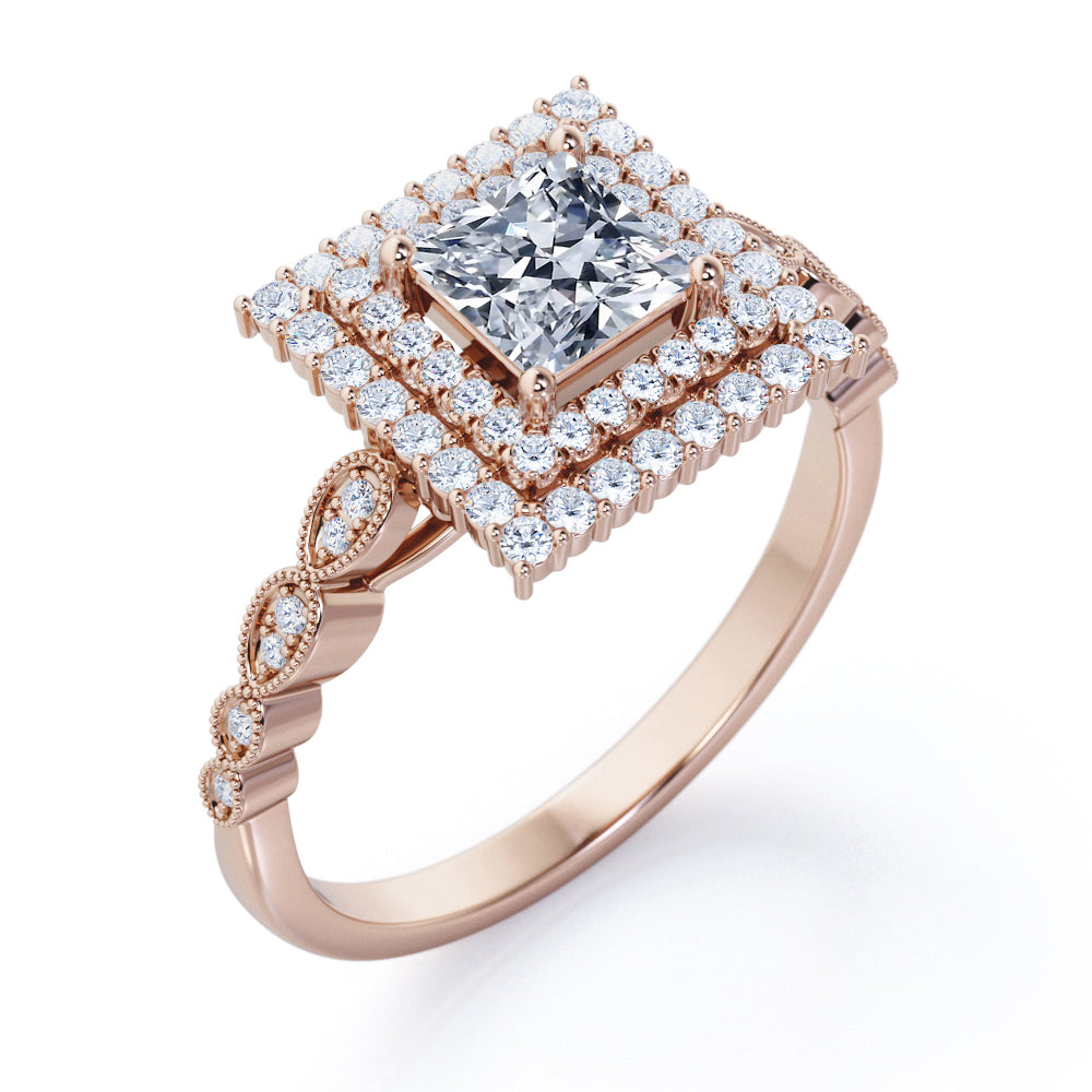 Antique inspired 1.75 carat Princess cut Moissanite and diamond double halo engagement ring in White gold
