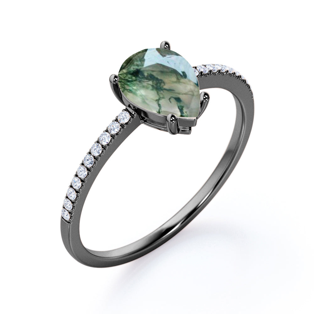Simple Basket set 1.25 carat Pear shaped Moss Green Agate and diamond engagement ring in White gold