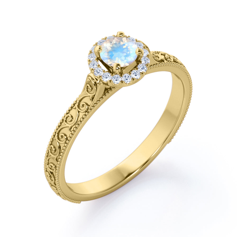 Ornamental Filigree 1.2 carat Round cut Moonstone and diamond halo engagement ring for women in Rose gold