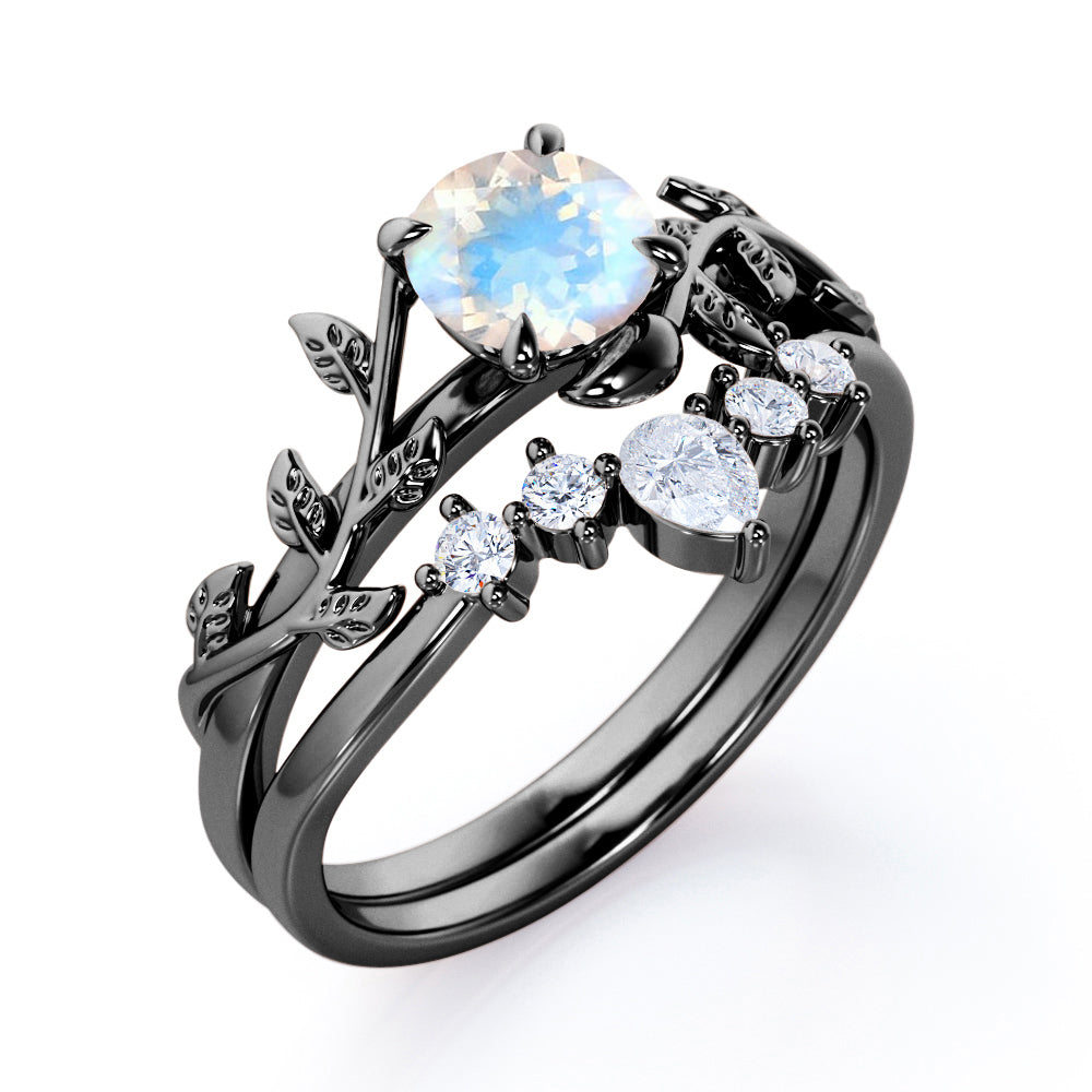 Vine Tiara 1.25 carat Round cut Moonstone and diamond nature themed wedding ring set in White gold