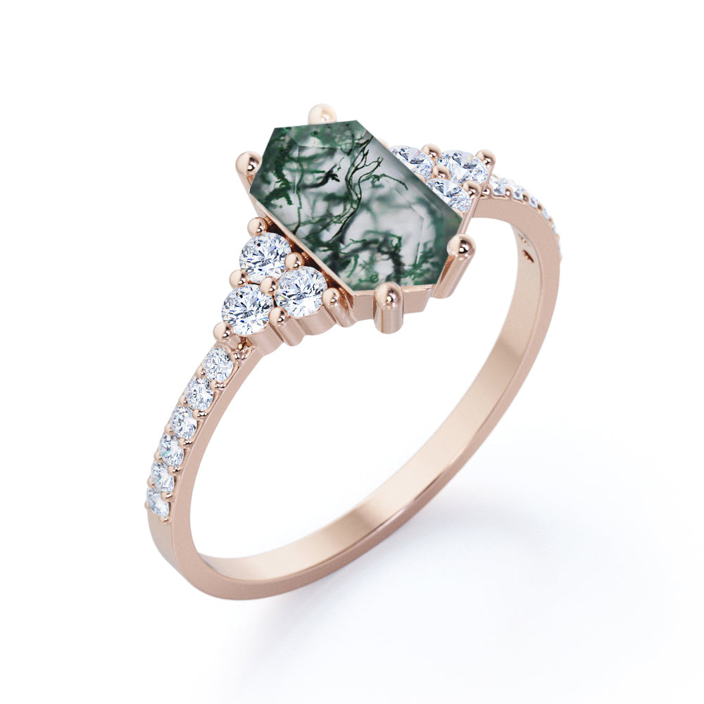 Modern Art deco 1.35 carat Hexagon cut Moss Green Agate and diamond pave setting engagement ring in White gold
