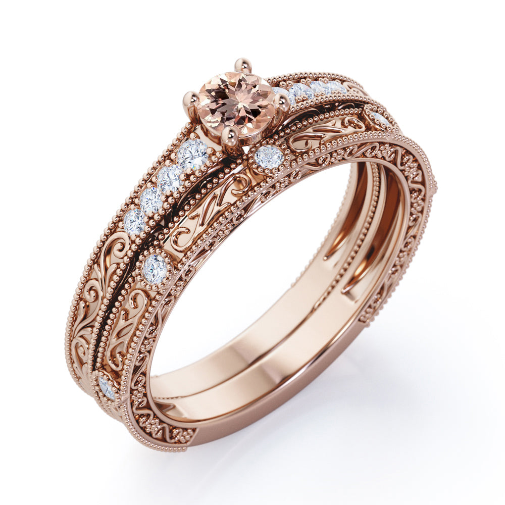 Antique Edwardian Décor 0.65 carat Round cut Peach pink Morganite and Diamond filigree and milgrain wedding ring set in White gold