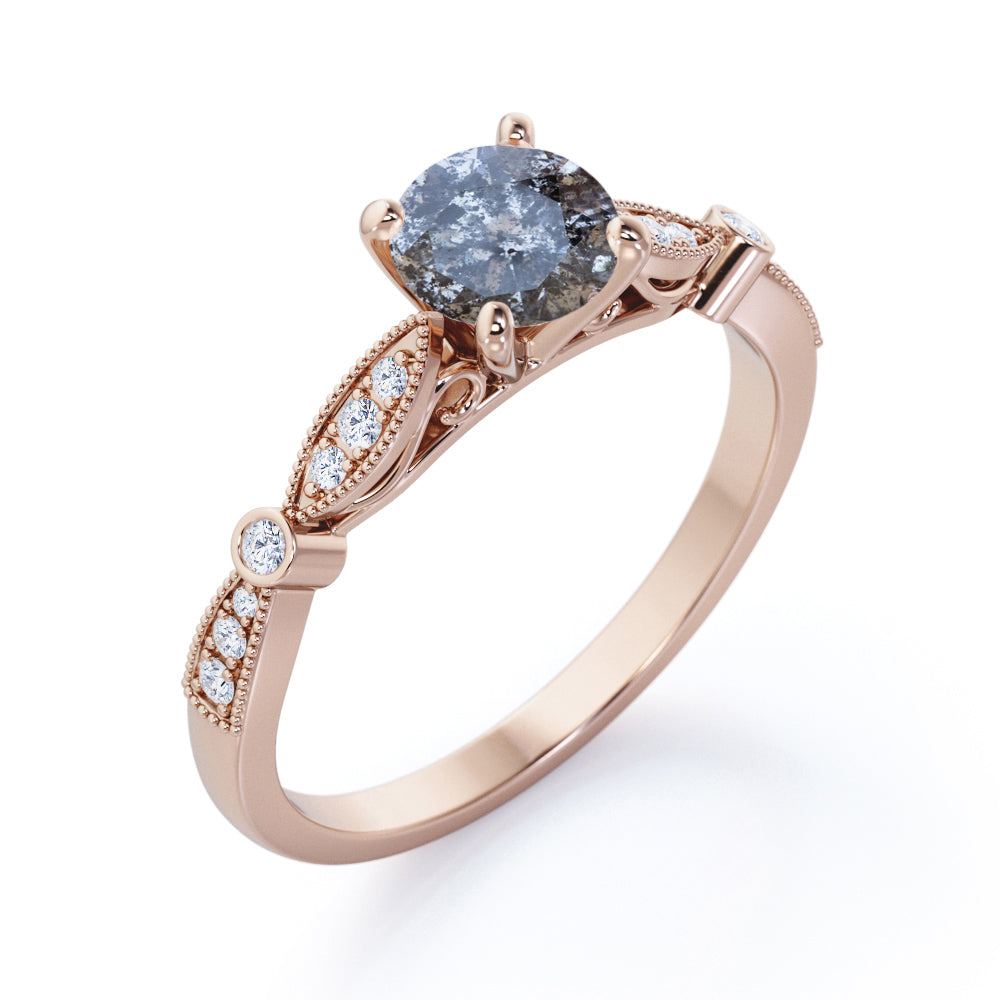 Royal Cathedral setting 0.75 carat Round cut Salt and pepper diamond and White diamond vintage engagement ring in Black gold