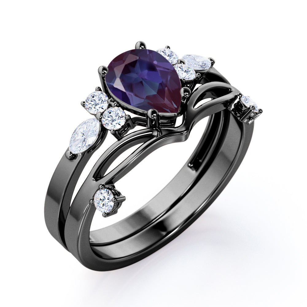 Crown inspired 1.15 carat Pear shaped Synthetic Alexandrite and diamond split shank setting-chevron wedding ring set in Rose gold